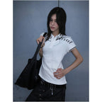 College style lapel shoulder short sleeved women s summer new item Henry collar short T shirt slim fit and slimming spicy girl top ins image 2