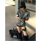 American retro leopard print shoulder short T shirt for women s summer new style Henry collar short sleeved visual top ins image 4