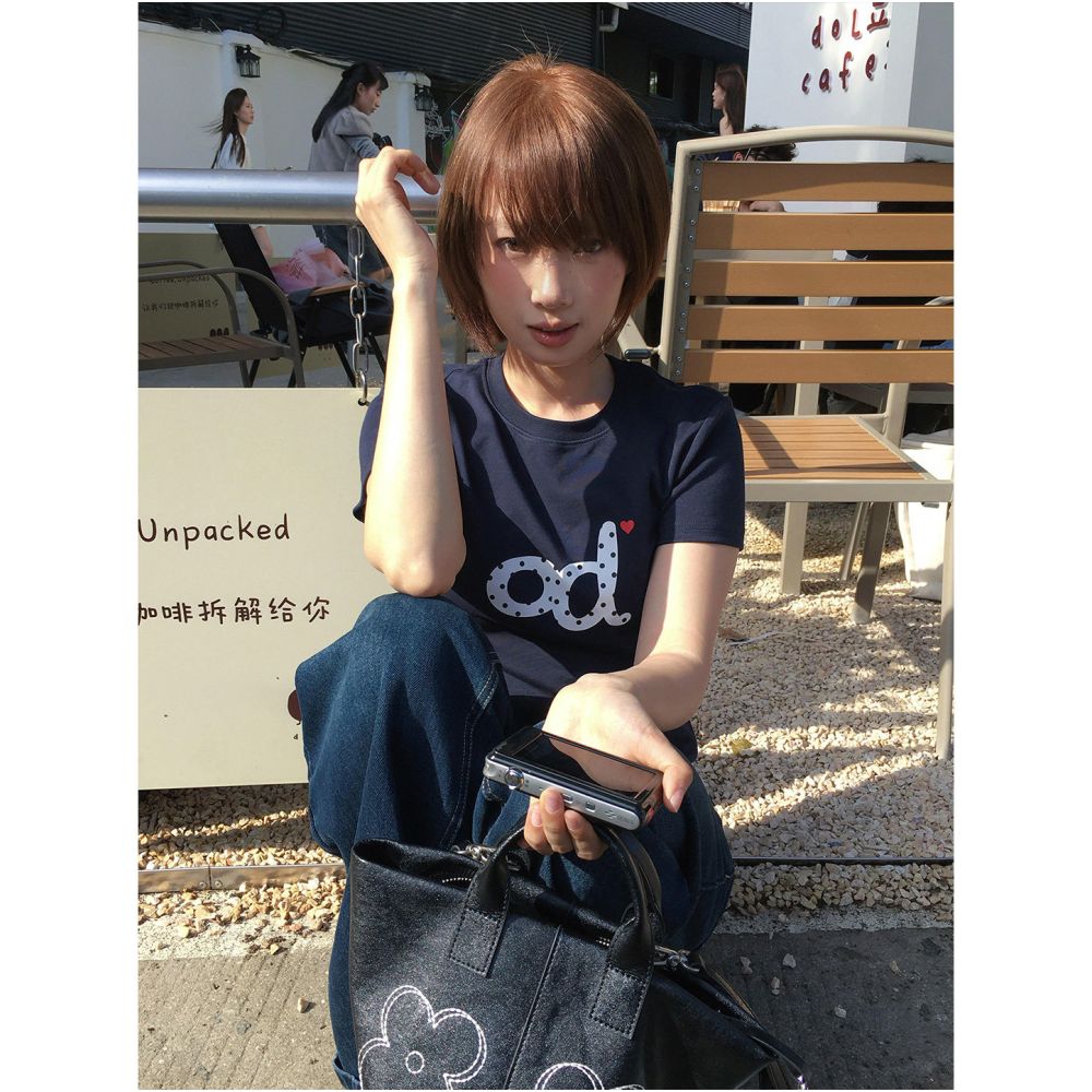 Navy blue shoulder short T shirt women s summer new style letter print tight waist collection spicy girl short sleeved heavyweight top image 5
