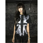 Y2k visual style short sleeved women s summer new item subculture print black shoulder short T shirt nail bead versatile top