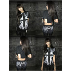 Y2k visual style short sleeved women s summer new item subculture print black shoulder short T shirt nail bead versatile top image 4