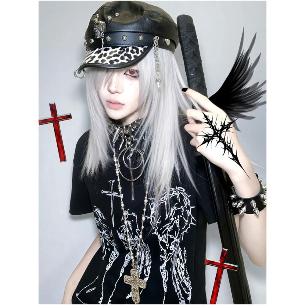 Y2k subculture short sleeved women s summer new cross printed Christian print zipper semi open neck T shirt visual top