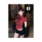 American vintage shoulder T shirt short style women s summer skull print elastic spicy girl y2k short sleeved subculture top image 2