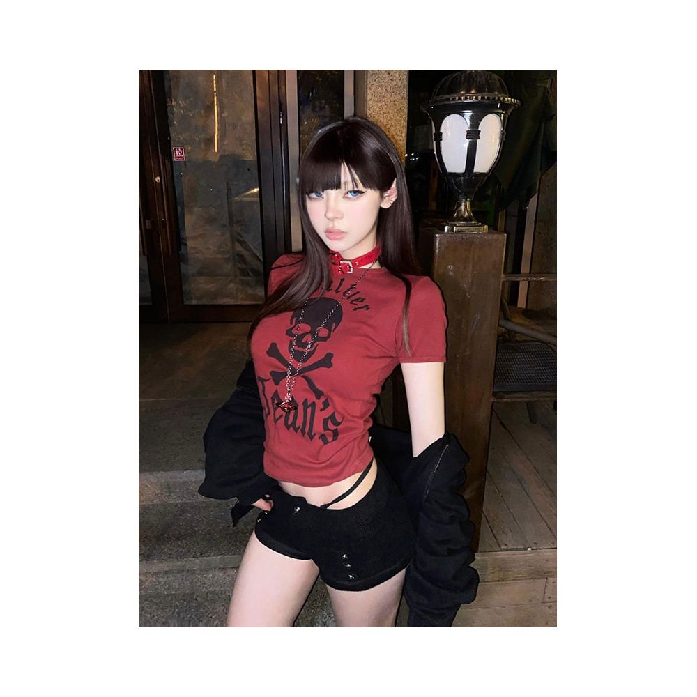 American vintage shoulder T shirt short style women s summer skull print elastic spicy girl y2k short sleeved subculture top image 2