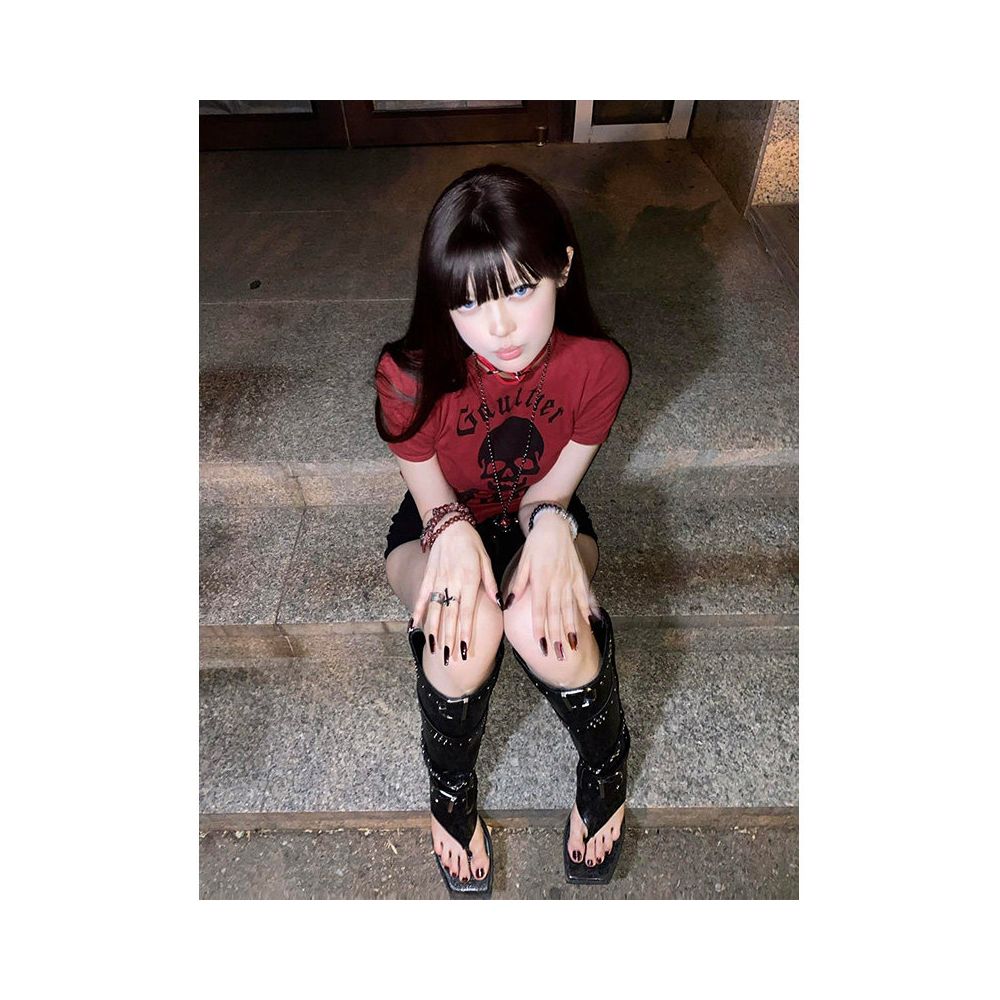 American vintage shoulder T shirt short style women s summer skull print elastic spicy girl y2k short sleeved subculture top image 3