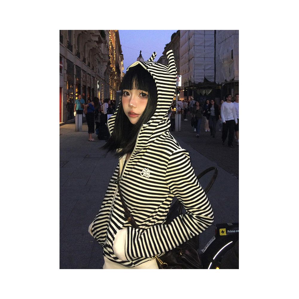 Little devil striped hooded sweatshirt for women in autumn contrasting color splicing zipper cardigan short jacket slim fit and slimming top image 1