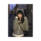Little devil striped hooded sweatshirt for women in autumn contrasting color splicing zipper cardigan short jacket slim fit and slimming top image 2