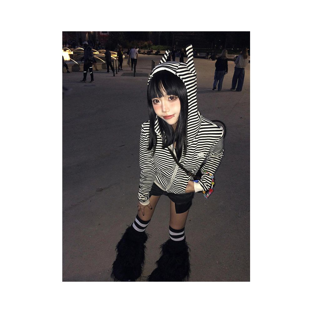 Little devil striped hooded sweatshirt for women in autumn contrasting color splicing zipper cardigan short jacket slim fit and slimming top image 5