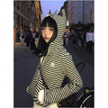 Little devil striped hooded sweatshirt for women in autumn contrasting color splicing zipper cardigan short jacket slim fit and slimming top