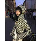 Little devil striped hooded sweatshirt for women in autumn contrasting color splicing zipper cardigan short jacket slim fit and slimming top