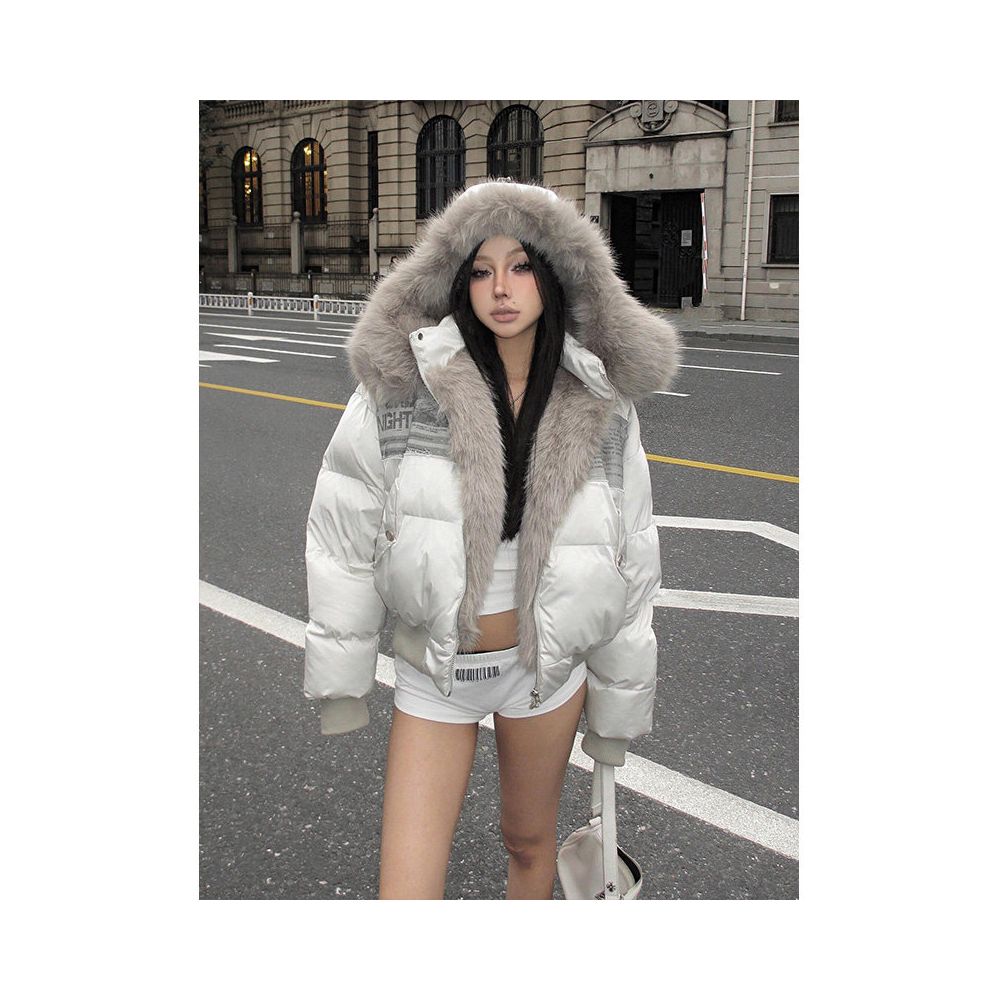 American street style cotton jacket women s winter new style patch fabric fur short cotton jacket cotton coat warm and thick top image 1