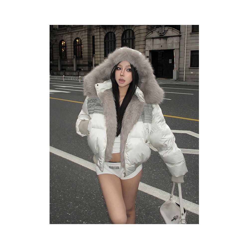 American street style cotton jacket women s winter new style patch fabric fur short cotton jacket cotton coat warm and thick top image 2