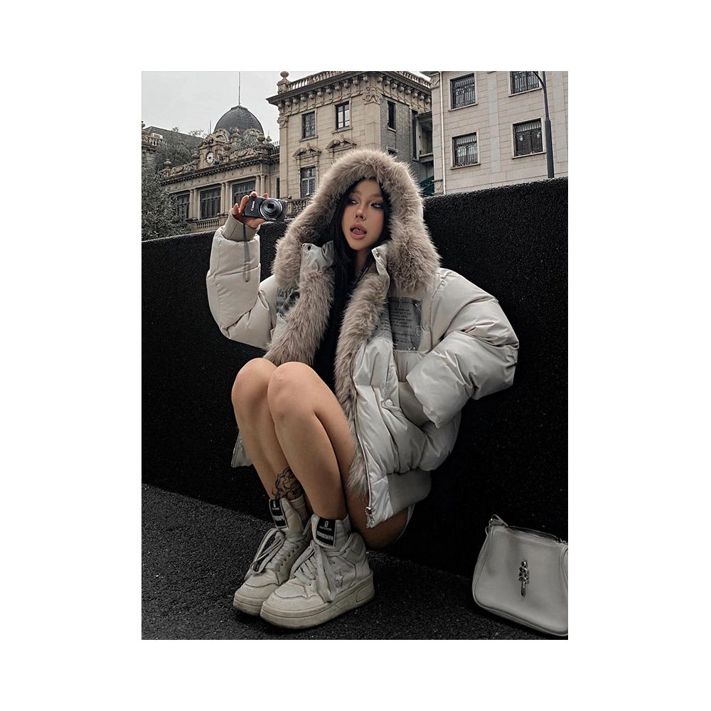 American street style cotton jacket women s winter new style patch fabric fur short cotton jacket cotton coat warm and thick top image 3