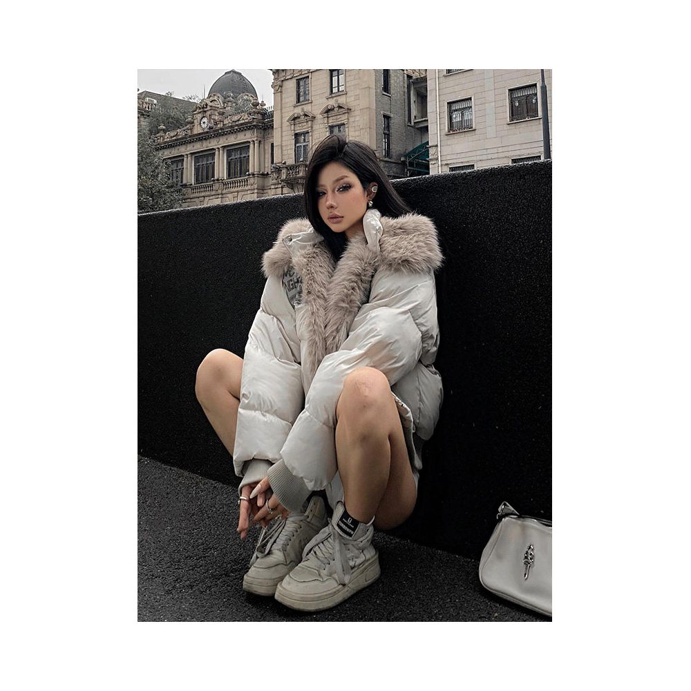 American street style cotton jacket women s winter new style patch fabric fur short cotton jacket cotton coat warm and thick top image 4