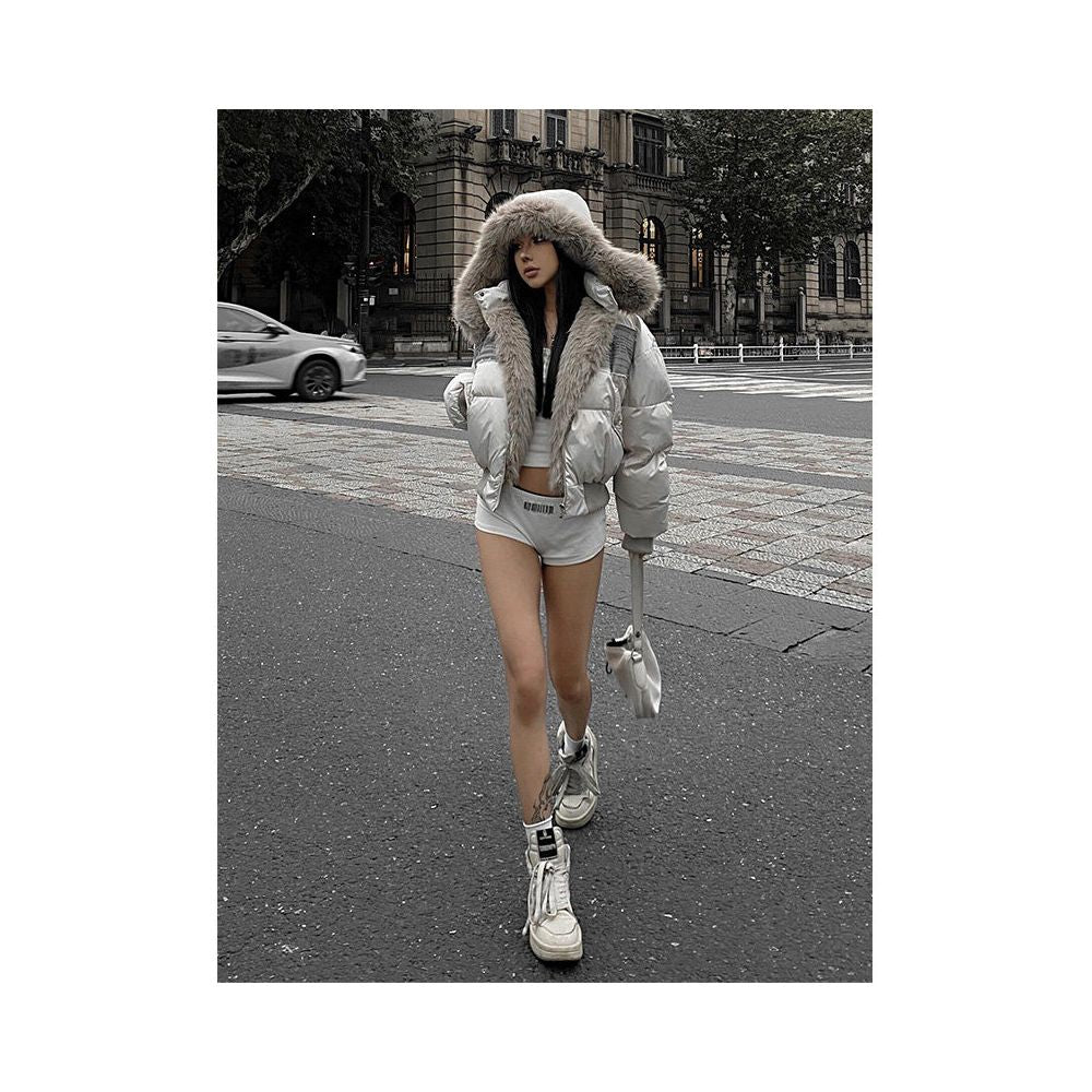 American street style cotton jacket women s winter new style patch fabric fur short cotton jacket cotton coat warm and thick top image 5