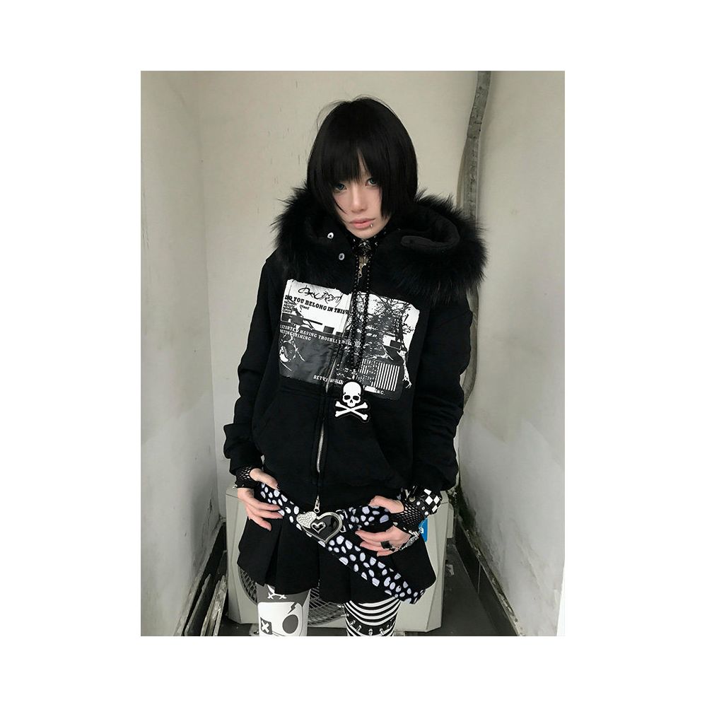 Abi Street Hairy Collar Hoodie Women s Spring and Autumn Subculture Printed Zipper cardigan Coat y2k Top ins image 1