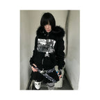 Abi Street Hairy Collar Hoodie Women s Spring and Autumn Subculture Printed Zipper cardigan Coat y2k Top ins image 2