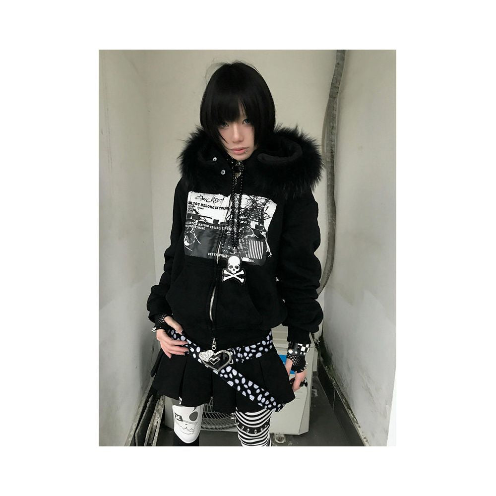 Abi Street Hairy Collar Hoodie Women s Spring and Autumn Subculture Printed Zipper cardigan Coat y2k Top ins image 2