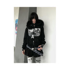 Abi Street Hairy Collar Hoodie Women s Spring and Autumn Subculture Printed Zipper cardigan Coat y2k Top ins image 3