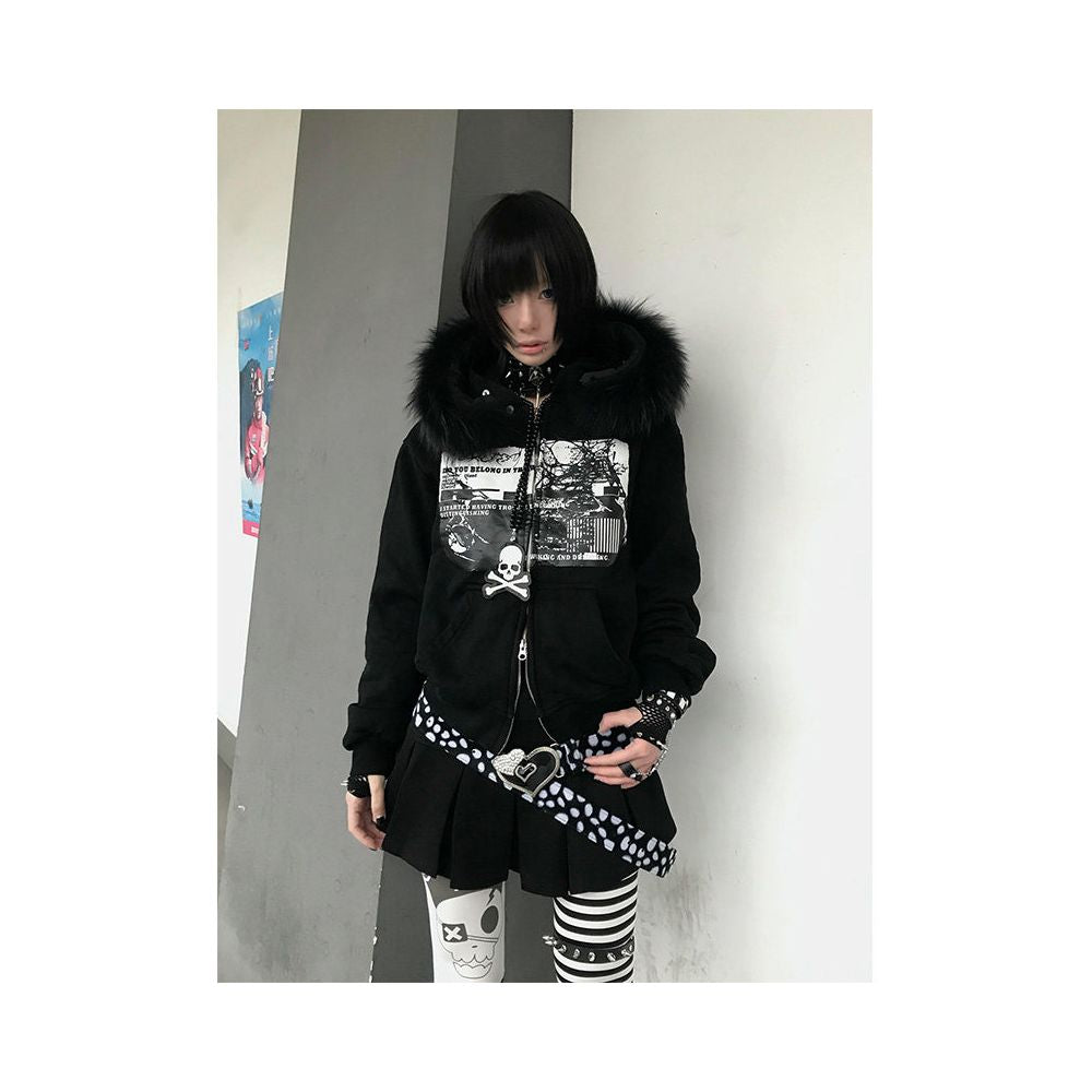 Abi Street Hairy Collar Hoodie Women s Spring and Autumn Subculture Printed Zipper cardigan Coat y2k Top ins image 3