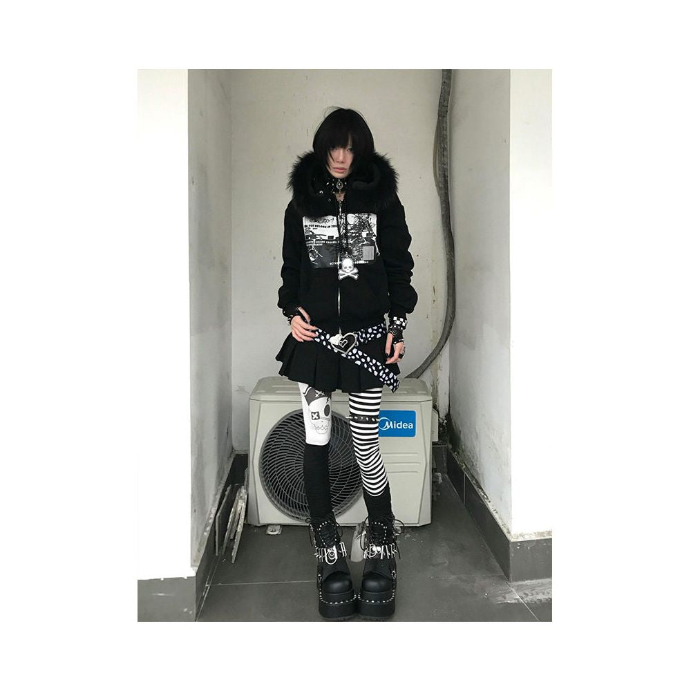 Abi Street Hairy Collar Hoodie Women s Spring and Autumn Subculture Printed Zipper cardigan Coat y2k Top ins image 4