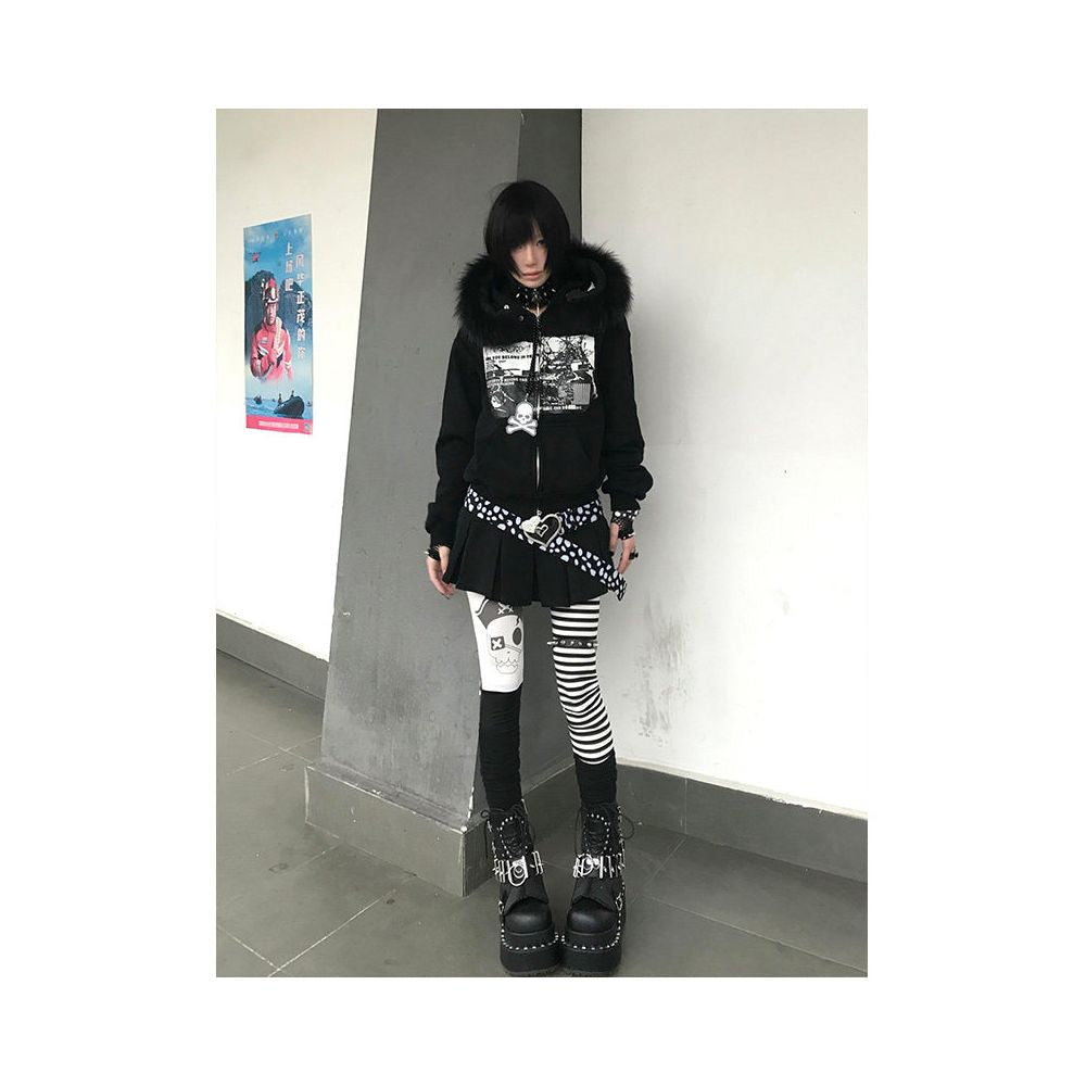 Abi Street Hairy Collar Hoodie Women s Spring and Autumn Subculture Printed Zipper cardigan Coat y2k Top ins image 5
