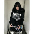 Abi Street Hairy Collar Hoodie Women s Spring and Autumn Subculture Printed Zipper cardigan Coat y2k Top ins