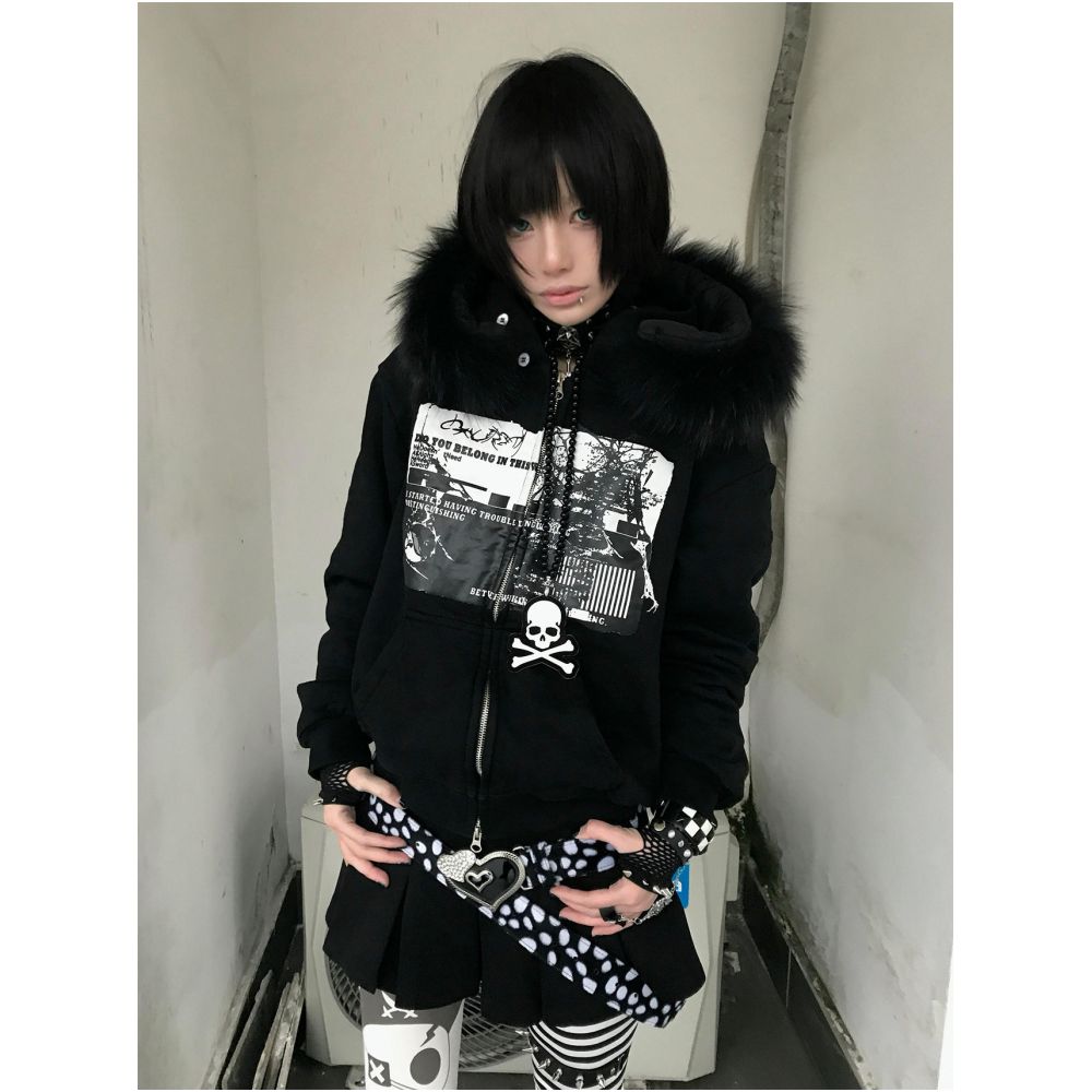 Abi Street Hairy Collar Hoodie Women s Spring and Autumn Subculture Printed Zipper cardigan Coat y2k Top ins