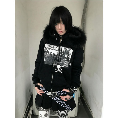 Abi Street Hairy Collar Hoodie Women s Spring and Autumn Subculture Printed Zipper cardigan Coat y2k Top ins
