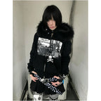 Abi Street Hairy Collar Hoodie Women s Spring and Autumn Subculture Printed Zipper cardigan Coat y2k Top ins