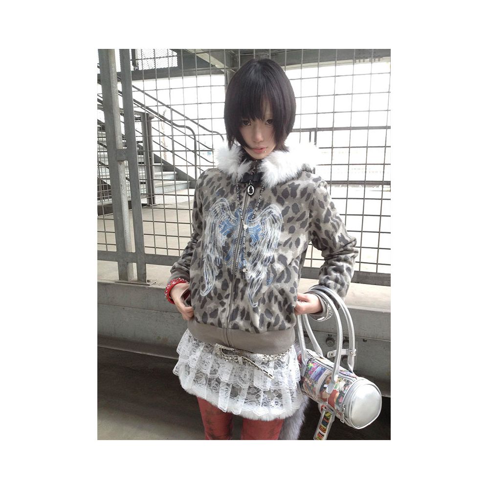 Abi street style detachable fur collar hooded sweatshirt women s autumn leopard print zipper cardigan jacket y2k top ins image 2