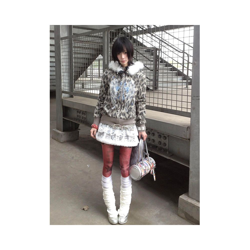 Abi street style detachable fur collar hooded sweatshirt women s autumn leopard print zipper cardigan jacket y2k top ins image 4