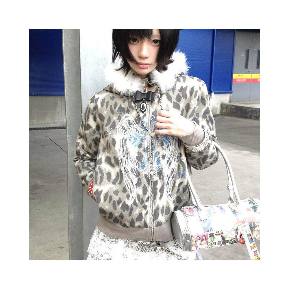 Abi street style detachable fur collar hooded sweatshirt women s autumn leopard print zipper cardigan jacket y2k top ins image 0