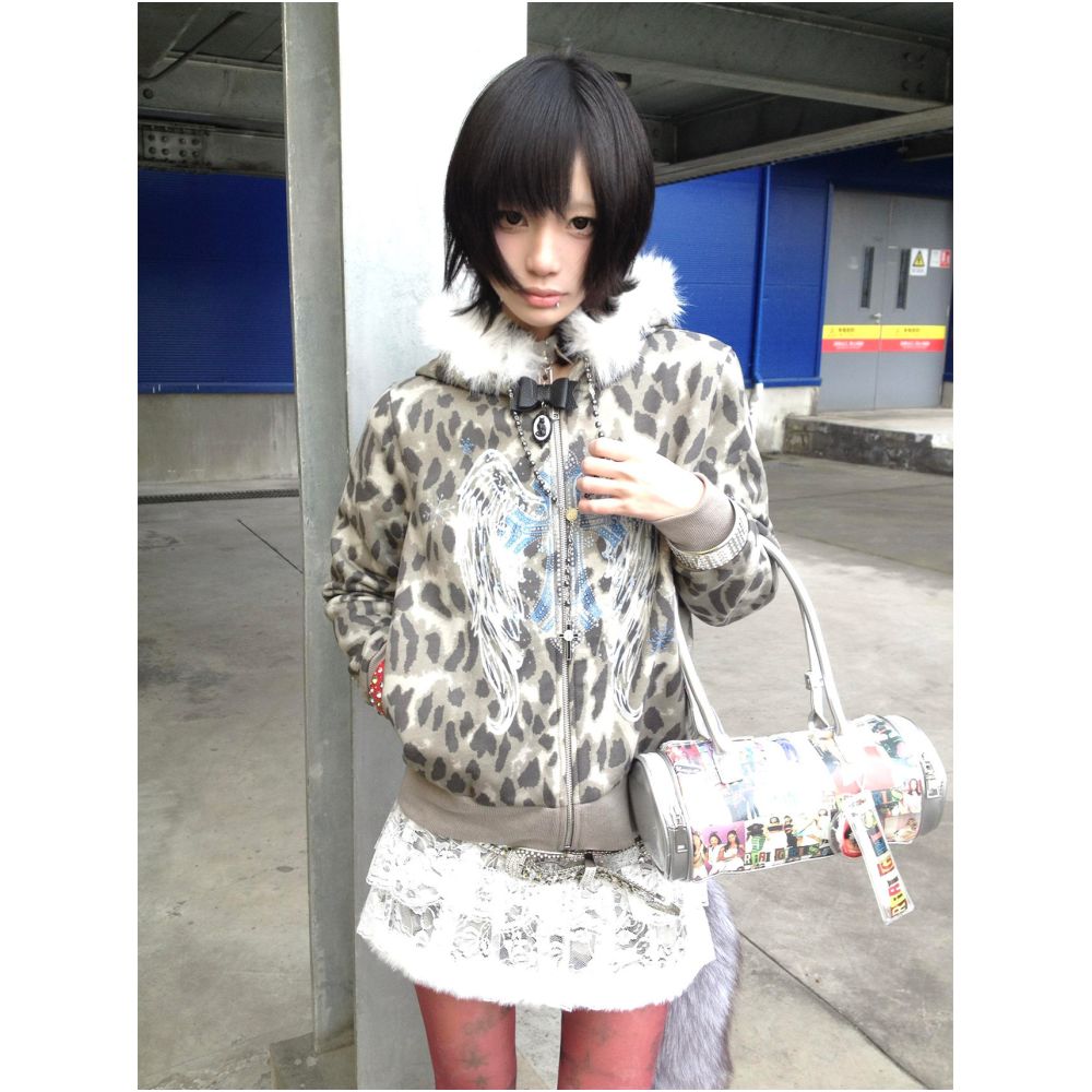 Abi street style detachable fur collar hooded sweatshirt women s autumn leopard print zipper cardigan jacket y2k top ins