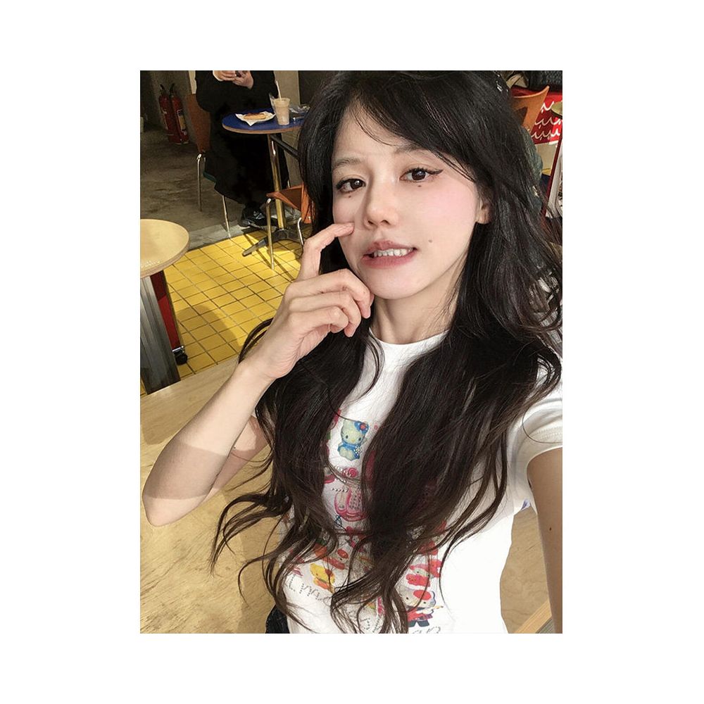 White round neck short sleeved women s summer new Kitty cat print versatile short T shirt slim fit and slimming short top image 5