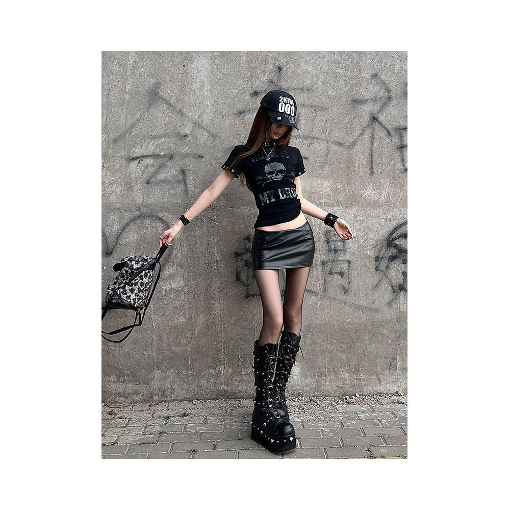 Abi Street Style Shoulder T shirt Women s Summer New Style Skull Print Short Sleeve Subcultural Punk y2k Top Trendy image 5
