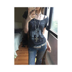 American retro shoulder T shirt women s summer new subculture print slim fit short sleeved street style top ins image 1
