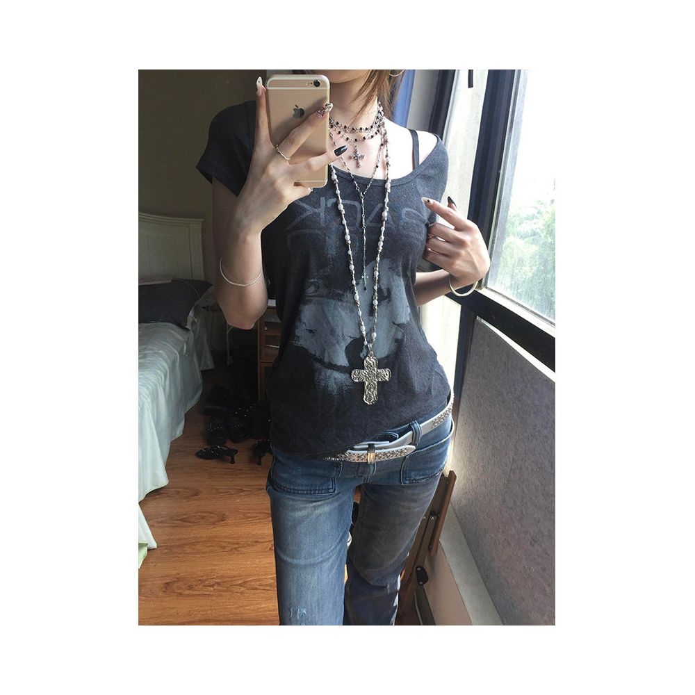 American retro shoulder T shirt women s summer new subculture print slim fit short sleeved street style top ins image 4