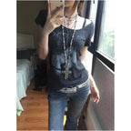 American retro shoulder T shirt women s summer new subculture print slim fit short sleeved street style top ins