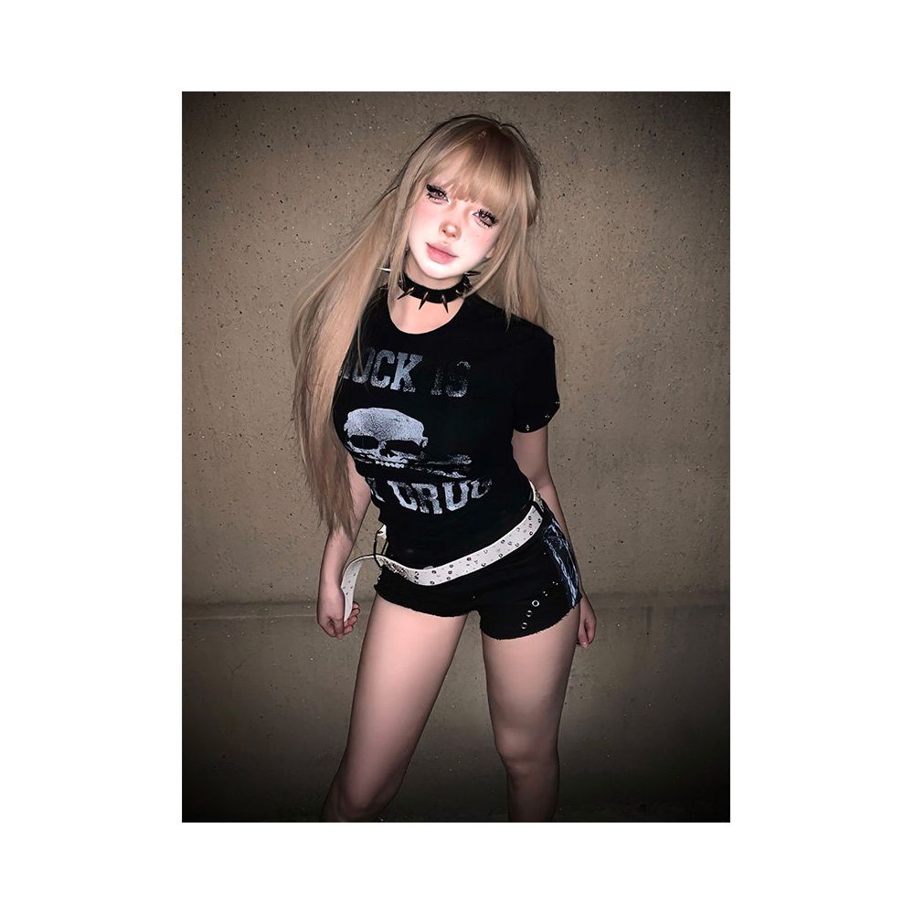 Light Asian style round neck shoulder T shirt for women s summer new style skull print subculture tight waist short sleeved top image 2