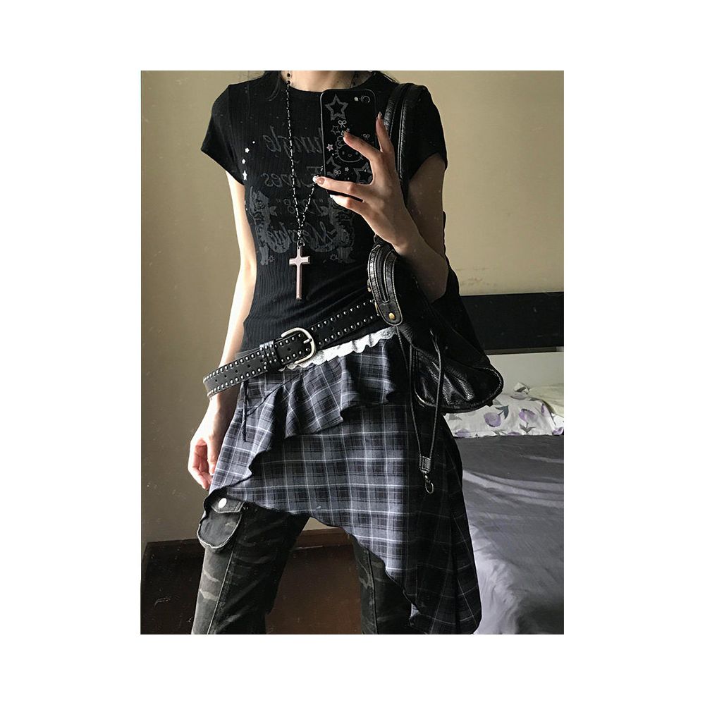 American retro shoulder T shirt women s summer new lace lace lace short sleeved tight waist versatile top ins image 1