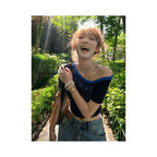 Pure Desire Wind Spicy Girl Slant Shoulder T shirt Women s Summer New Cross Hot Diamond Tight Waist Short Sleeve Top Ins image 4
