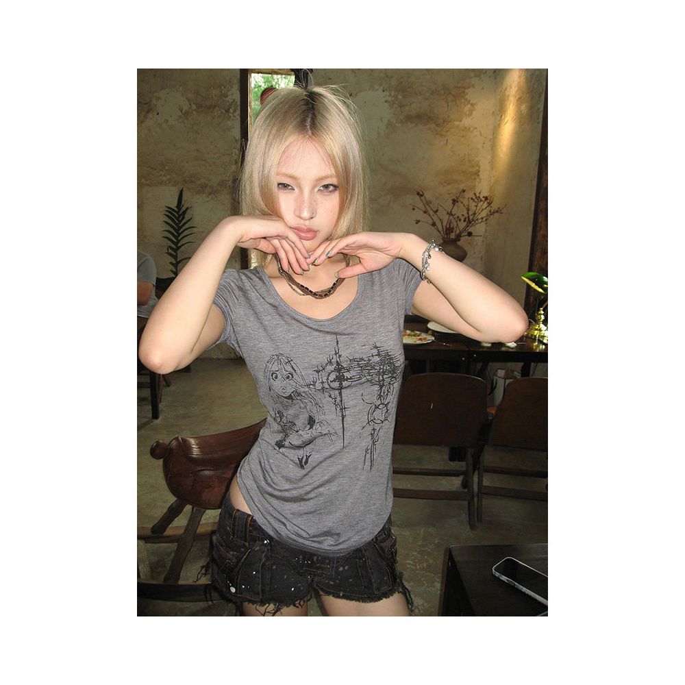 Abi Street Style Shoulder Short T shirt Women s Summer New Style Subcultural Printed Large Collar Short Sleeve Versatile Top image 1