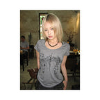 Abi Street Style Shoulder Short T shirt Women s Summer New Style Subcultural Printed Large Collar Short Sleeve Versatile Top image 2