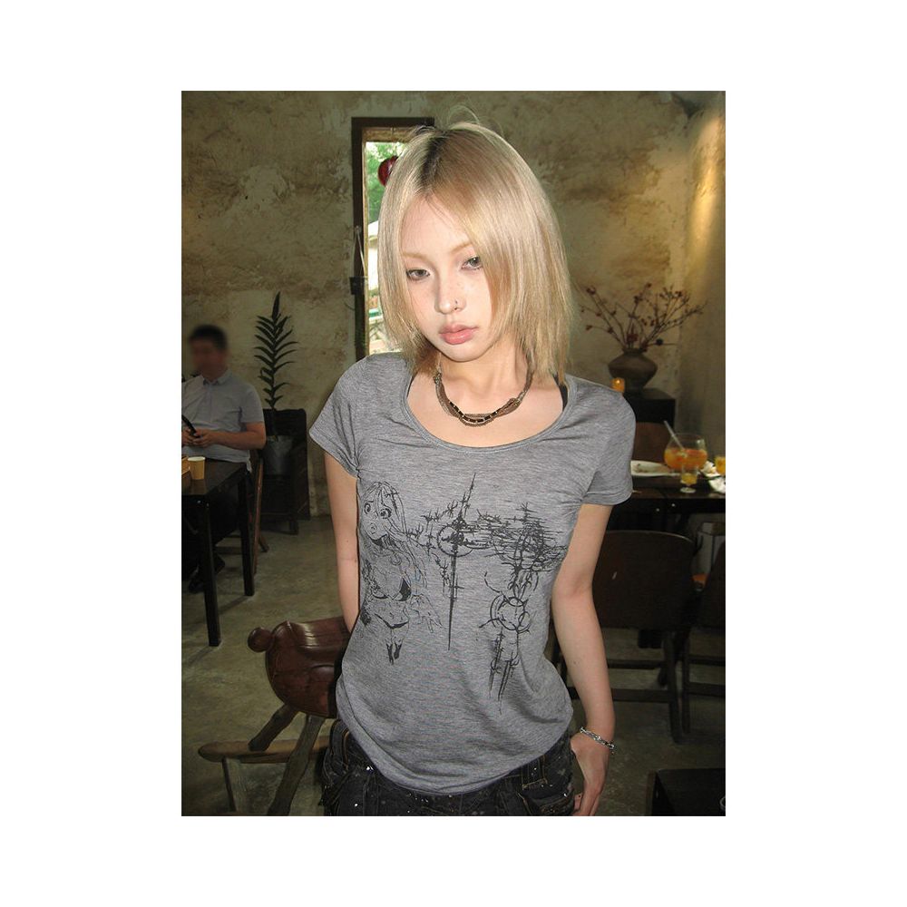 Abi Street Style Shoulder Short T shirt Women s Summer New Style Subcultural Printed Large Collar Short Sleeve Versatile Top image 2