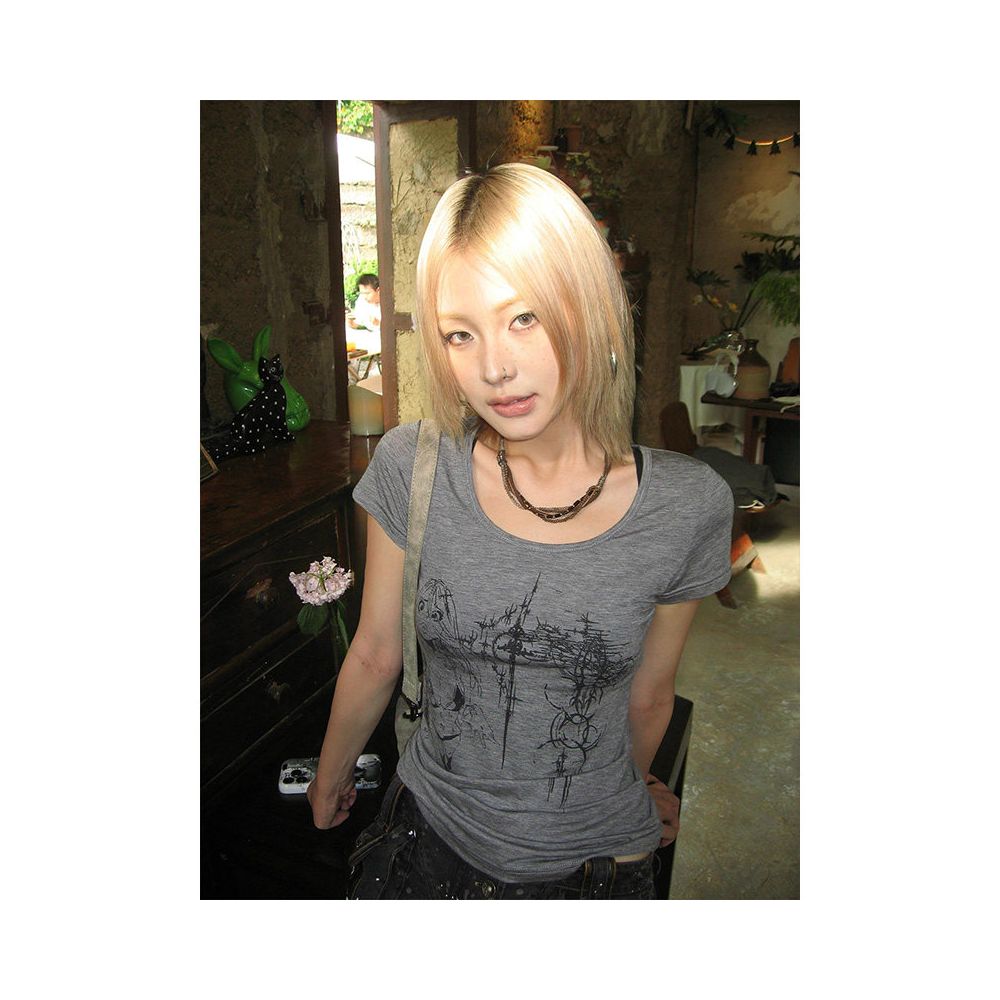 Abi Street Style Shoulder Short T shirt Women s Summer New Style Subcultural Printed Large Collar Short Sleeve Versatile Top image 3