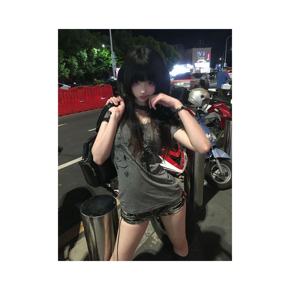 Light Asian style big neckline shoulder short T shirt for women s summer new subculture short T shirt street style spicy girl top image 1
