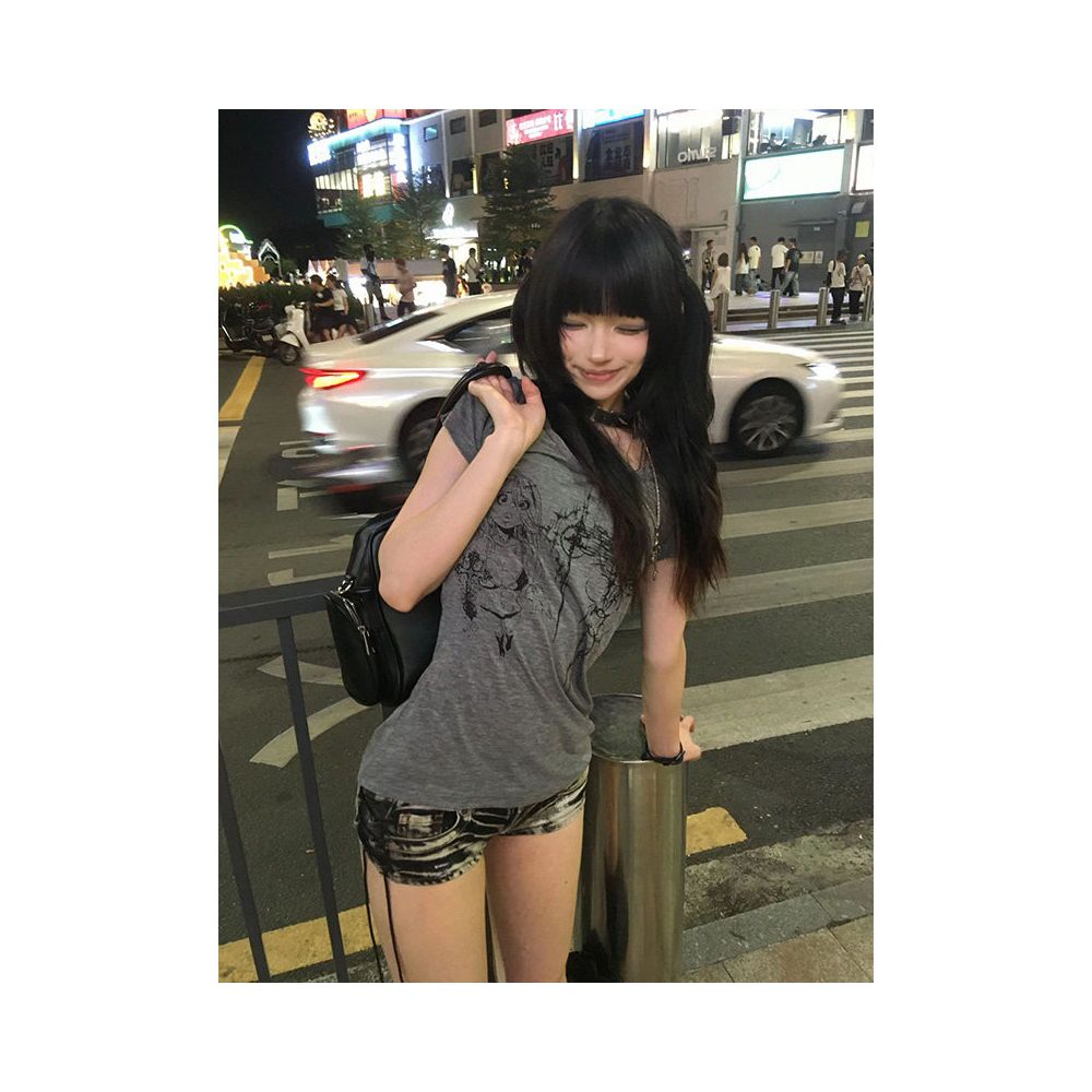 Light Asian style big neckline shoulder short T shirt for women s summer new subculture short T shirt street style spicy girl top image 2