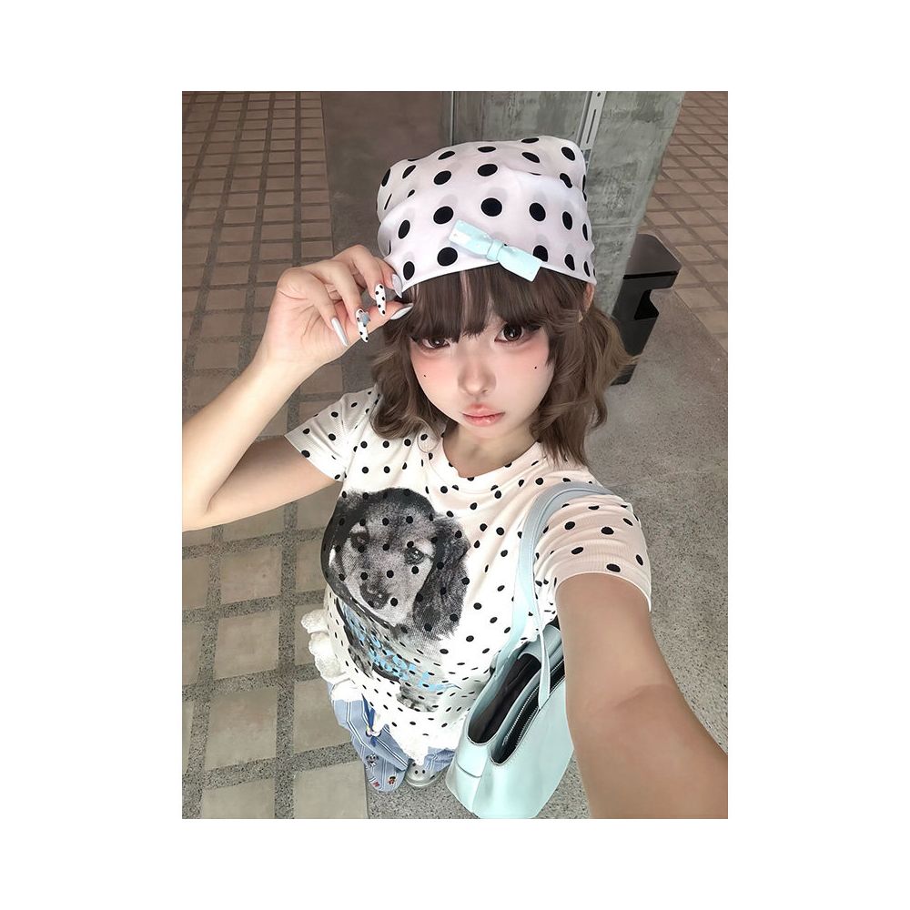 College style shoulder short T shirt for women in summer new puppy polka dot print sweet and spicy style short sleeved versatile top ins image 3