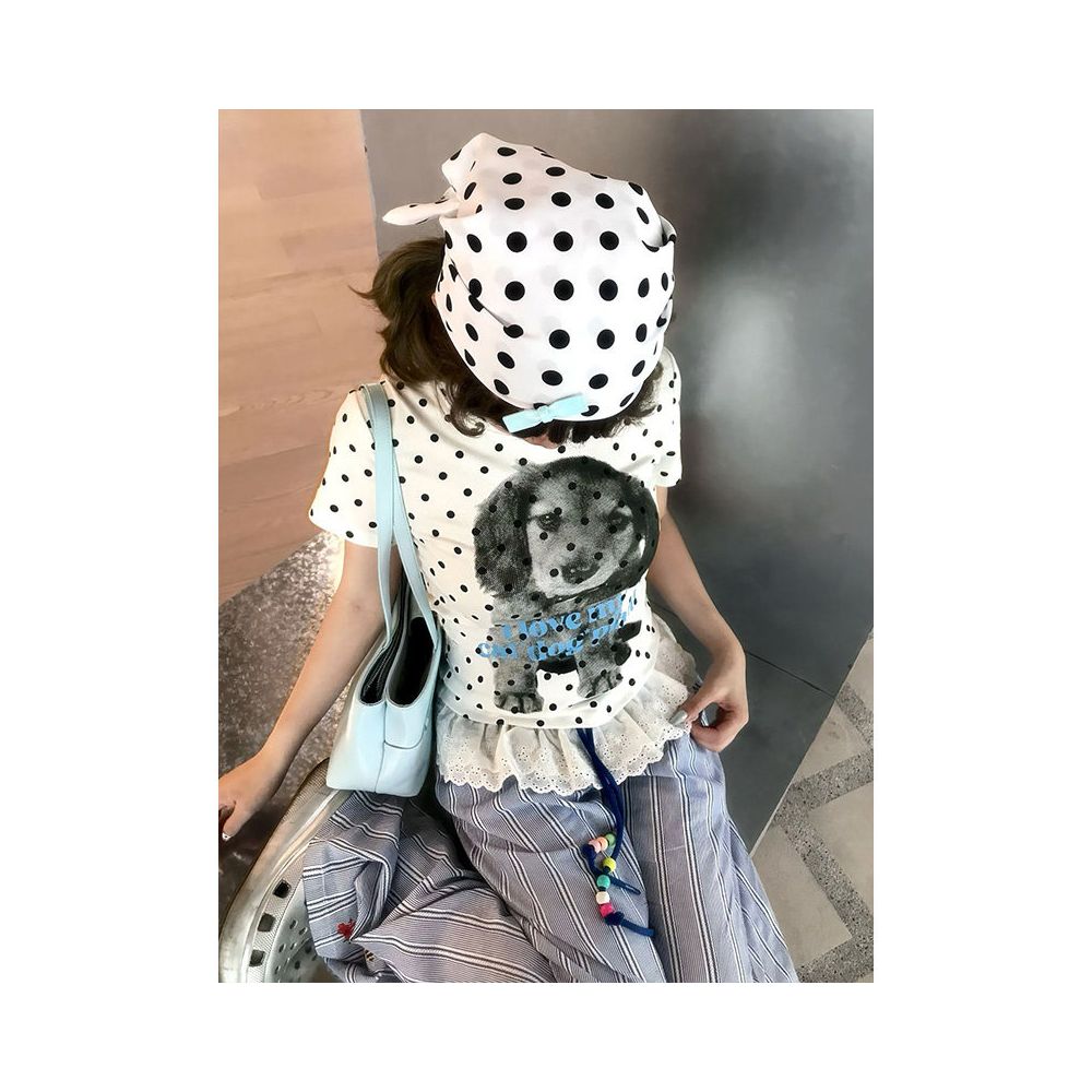 College style shoulder short T shirt for women in summer new puppy polka dot print sweet and spicy style short sleeved versatile top ins image 4